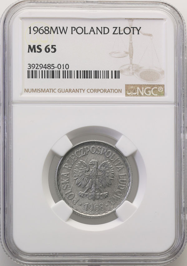 PRL. 1 złoty 1968 aluminium NGC MS65